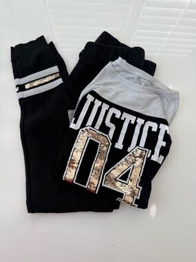 Justice Black & White Tee and Joggers Set with Gold/Silver Sequin Numbers